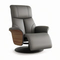 Gray PU Leather Swivel Recliner with Footrest and Walnut Veneer Side Panels, 33 x 37 x 42 in