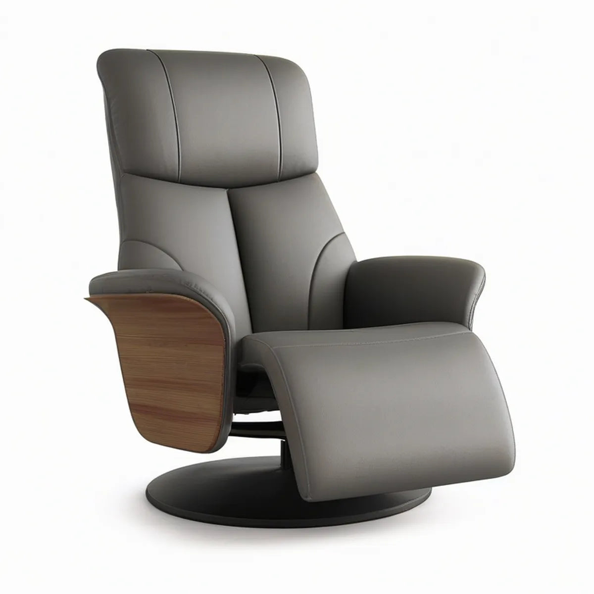 Gray PU Leather Swivel Recliner with Footrest and Walnut Veneer Side Panels, 33 x 37 x 42 in