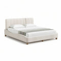 Queen Upholstered Platform Bed Frame, 85 in L x 65 in W x 45 in H, Ivory with Brown Legs
