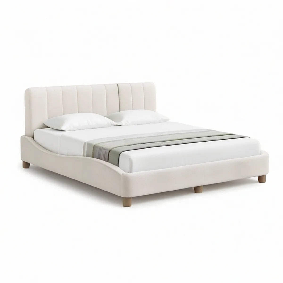 Queen Upholstered Platform Bed Frame, 85 in L x 65 in W x 45 in H, Ivory with Brown Legs