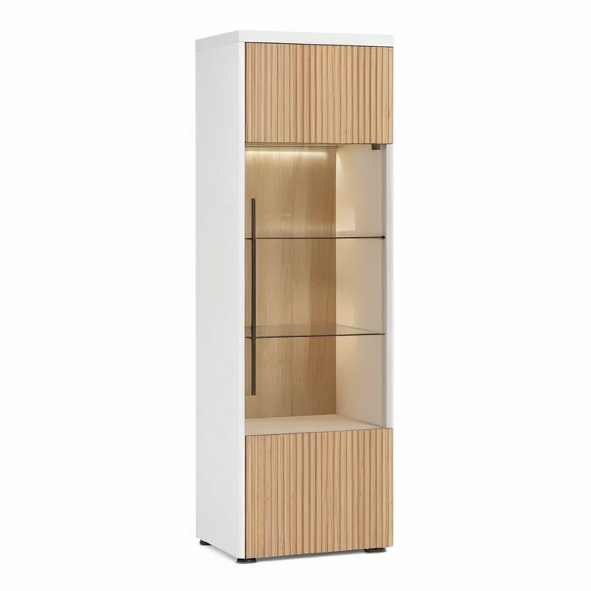 31.5 in W x 15.7 in D x 78.7 in H Display Cabinet with Glass Door, LED Lighting, White and Natural Oak