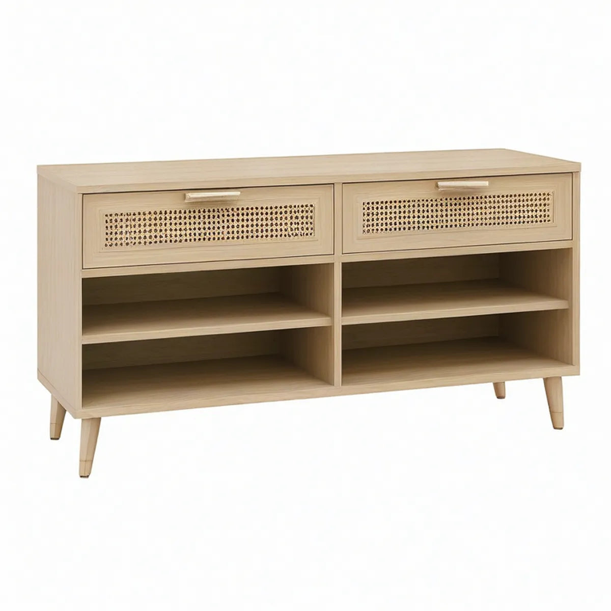 Natural Shoe Storage Cabinet with 2 Rattan Drawers and 4 Open Shelves, 47.2 x 15.7 x 31.5 in