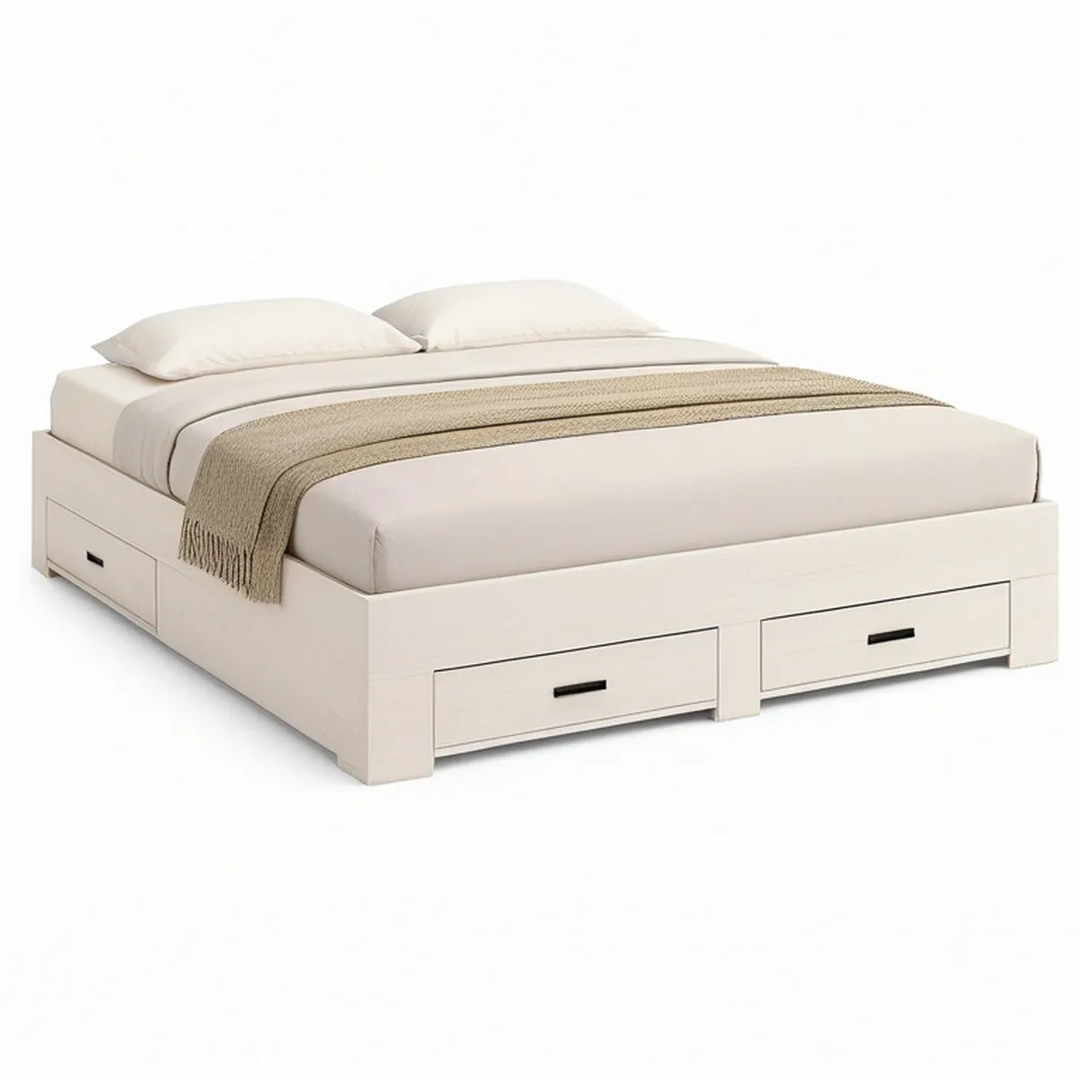 White Queen Storage Platform Bed Frame, 80 x 60 x 16 in, with Four Drawers and Black Pulls