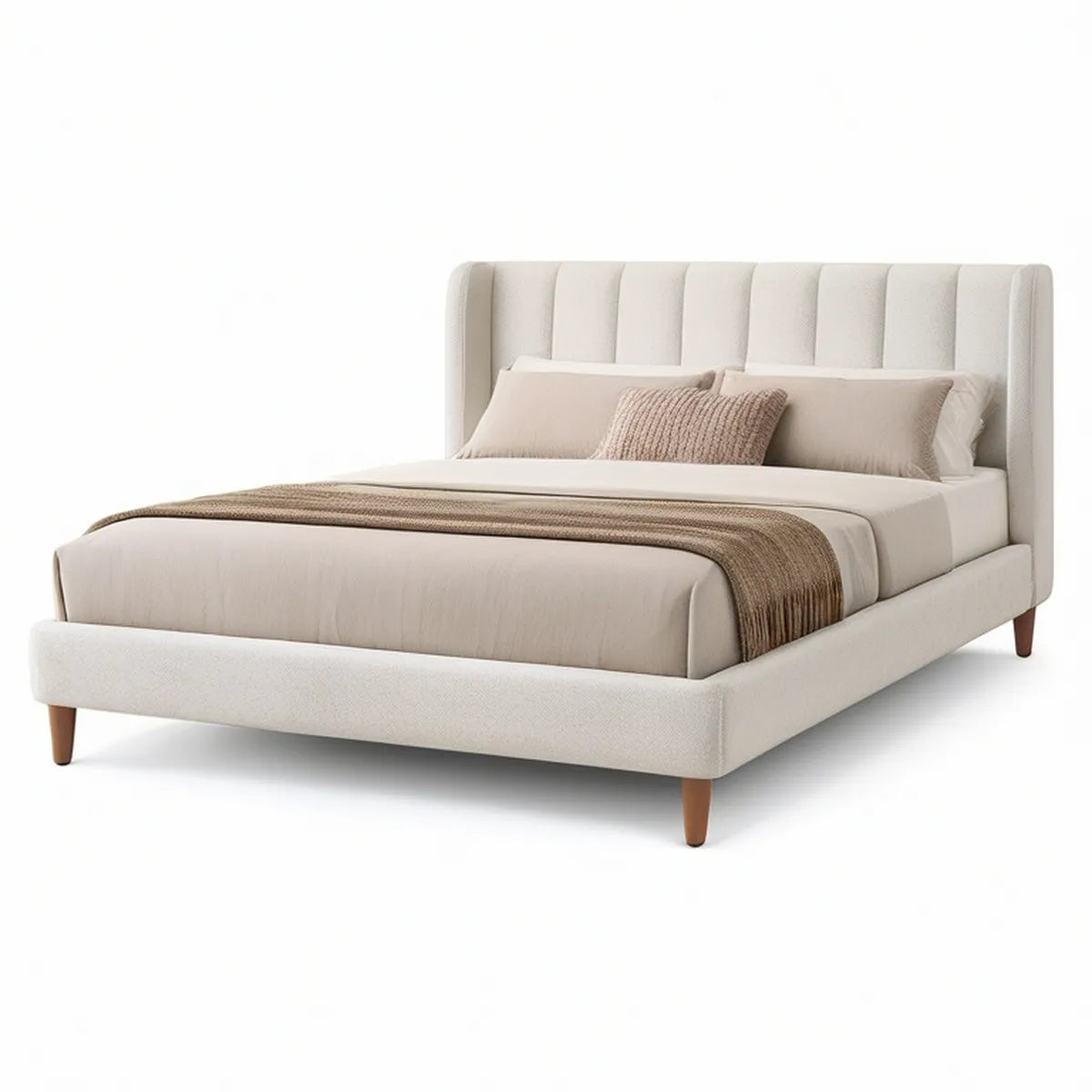 Queen Cream Upholstered Wingback Platform Bed Frame with Brown Rubberwood Legs, 66 x 86 x 50 in