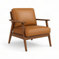 Mid-Century Modern Cognac PU Leather Accent Chair with Walnut Brown Rubberwood Frame, 29.1 x 31.5 x 33.1 in