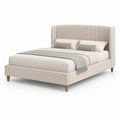 Queen Cream Upholstered Platform Bed Frame with Vertical Channel-Tufted Headboard, 64 x 86 x 48 in