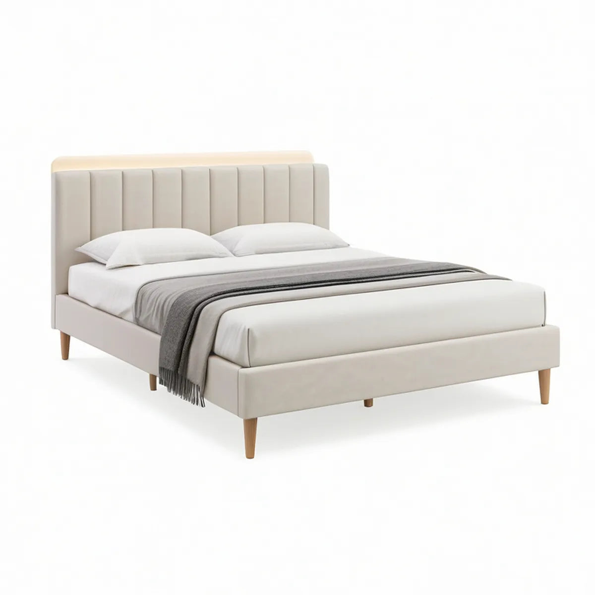 Queen Upholstered Bed Frame, 63 in W x 85 in D x 45 in H, Cream/Natural Brown