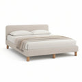 Queen Upholstered Bed Frame, 88 x 65 x 42 in, Beige with Natural Wood Legs