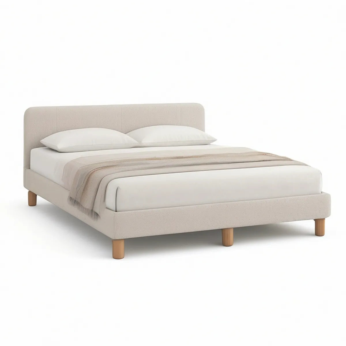 Queen Upholstered Bed Frame, 88 x 65 x 42 in, Beige with Natural Wood Legs