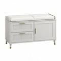 White MDF Shoe Storage Bench with Cushion, 2 Drawers and 1 Cabinet, 39.4 x 15.7 x 20.1 in