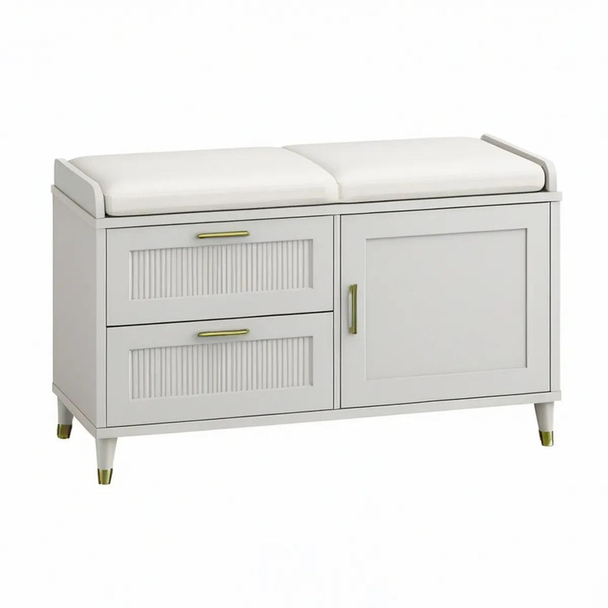 White MDF Shoe Storage Bench with Cushion, 2 Drawers and 1 Cabinet, 39.4 x 15.7 x 20.1 in