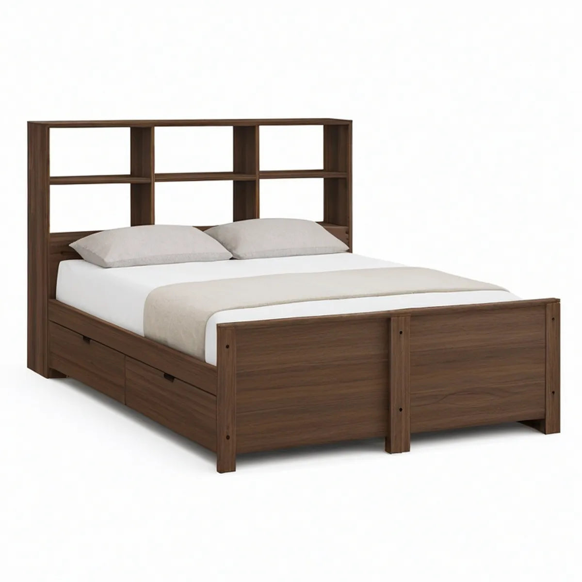 Walnut Queen Storage Bed with Bookcase Headboard, 64 x 86 x 58 in