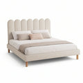 Queen Upholstered Platform Bed Frame with Scalloped Headboard, Cream, 65 x 87 x 55 in