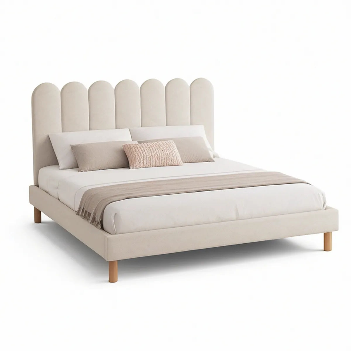 Queen Upholstered Platform Bed Frame with Scalloped Headboard, Cream, 65 x 87 x 55 in