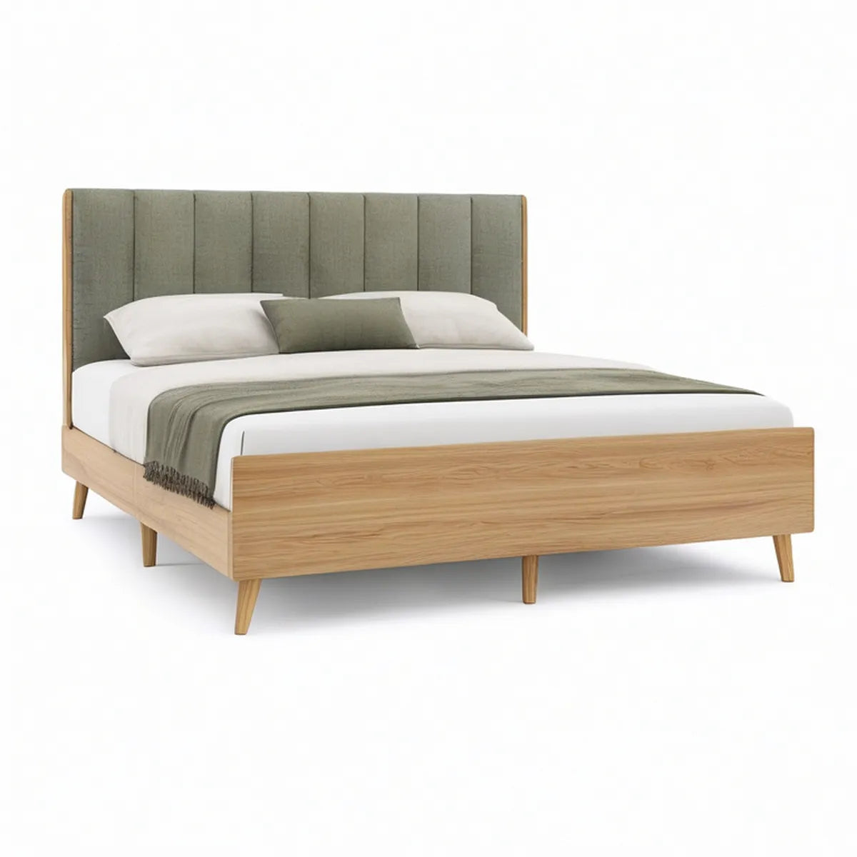 Queen Platform Bed Frame with Olive Green Upholstered Panel Headboard, Natural Rubberwood, 64 x 84 x 48 in