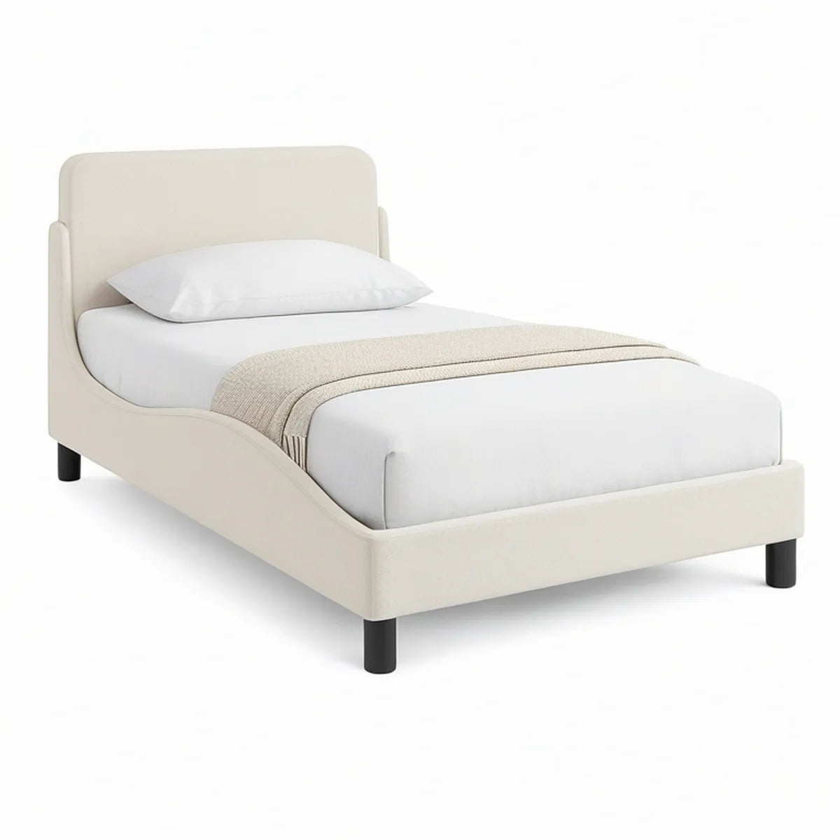 Twin Upholstered Platform Bed Frame, 39 x 75 in, Cream with Black Legs
