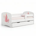 Toddler Bed Frame with Guard Rail and Pull-Out Storage Drawer, White/Pink/Yellow/Green, 57.09 x 29.53 x 25.59 in