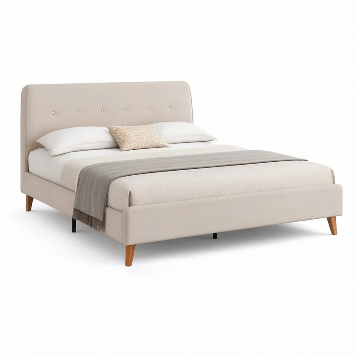 Queen Beige Upholstered Bed Frame with Tufted Headboard, 64 x 86 x 48 in