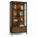 Contemporary Glass Display Cabinet with LED Lights, Black Frame, Clear Glass and Walnut Brown Finish, 35.4 x 15.7 x 74.8 in