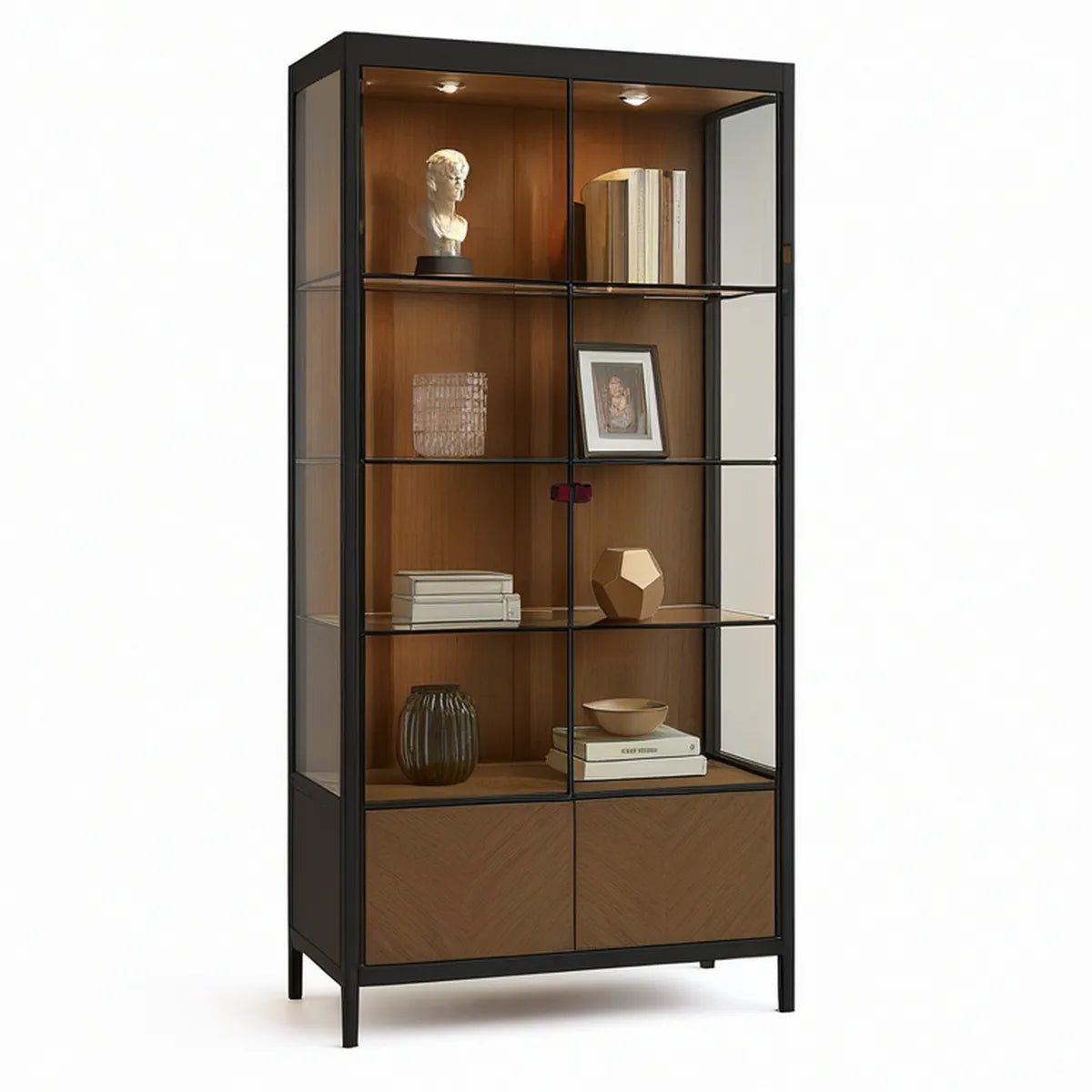 Contemporary Glass Display Cabinet with LED Lights, Black Frame, Clear Glass and Walnut Brown Finish, 35.4 x 15.7 x 74.8 in