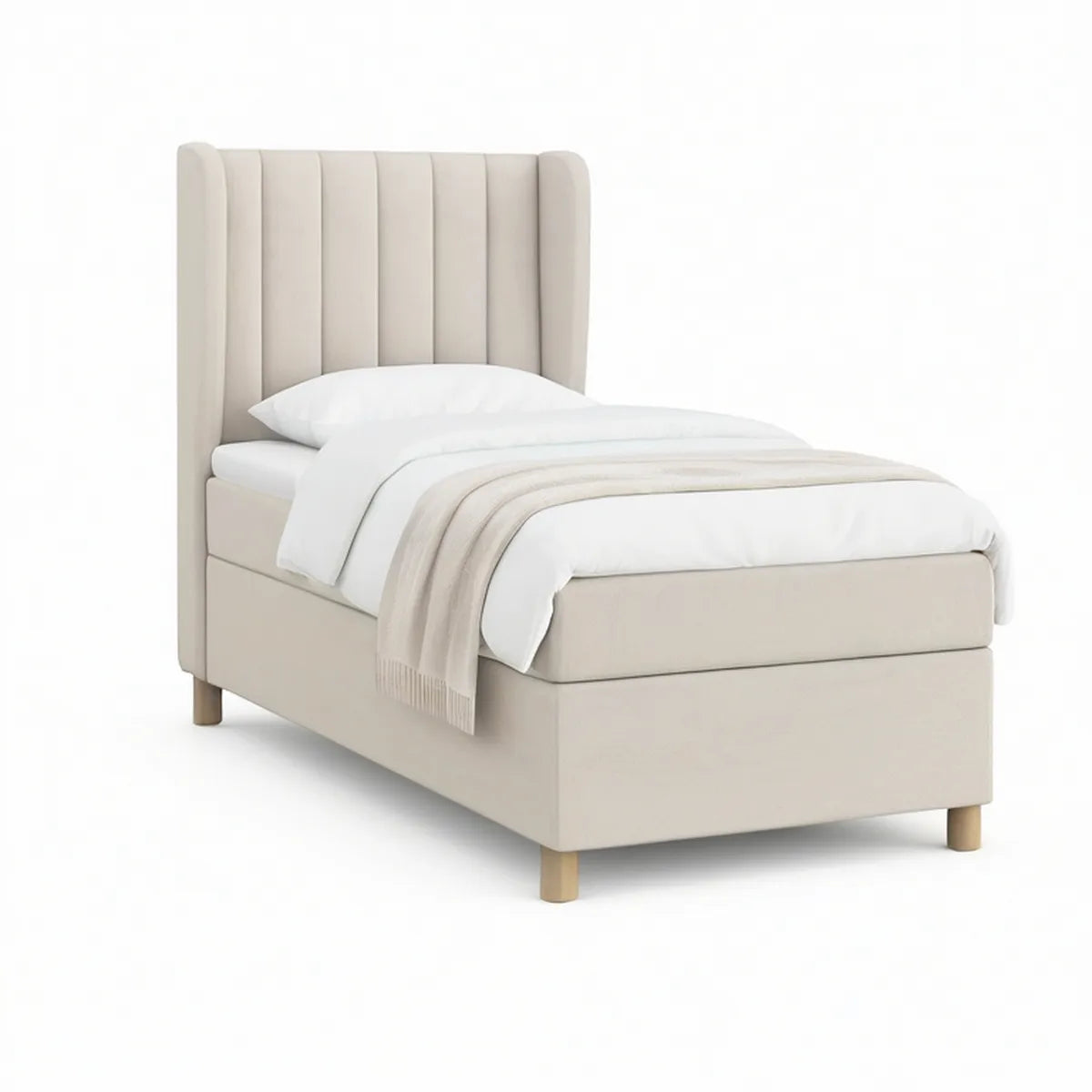 Twin Beige Upholstered Wingback Platform Bed Frame, 41 x 79 x 54 in
